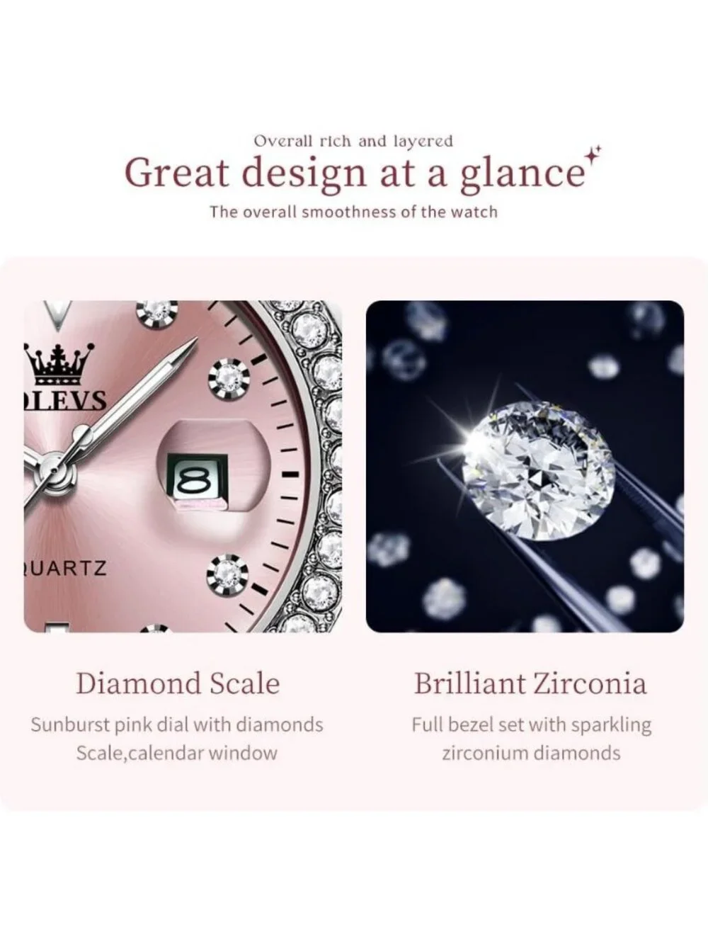 Women's Pink Luxury Diamond with Date Analog Quartz Waterproof Wrist Watch